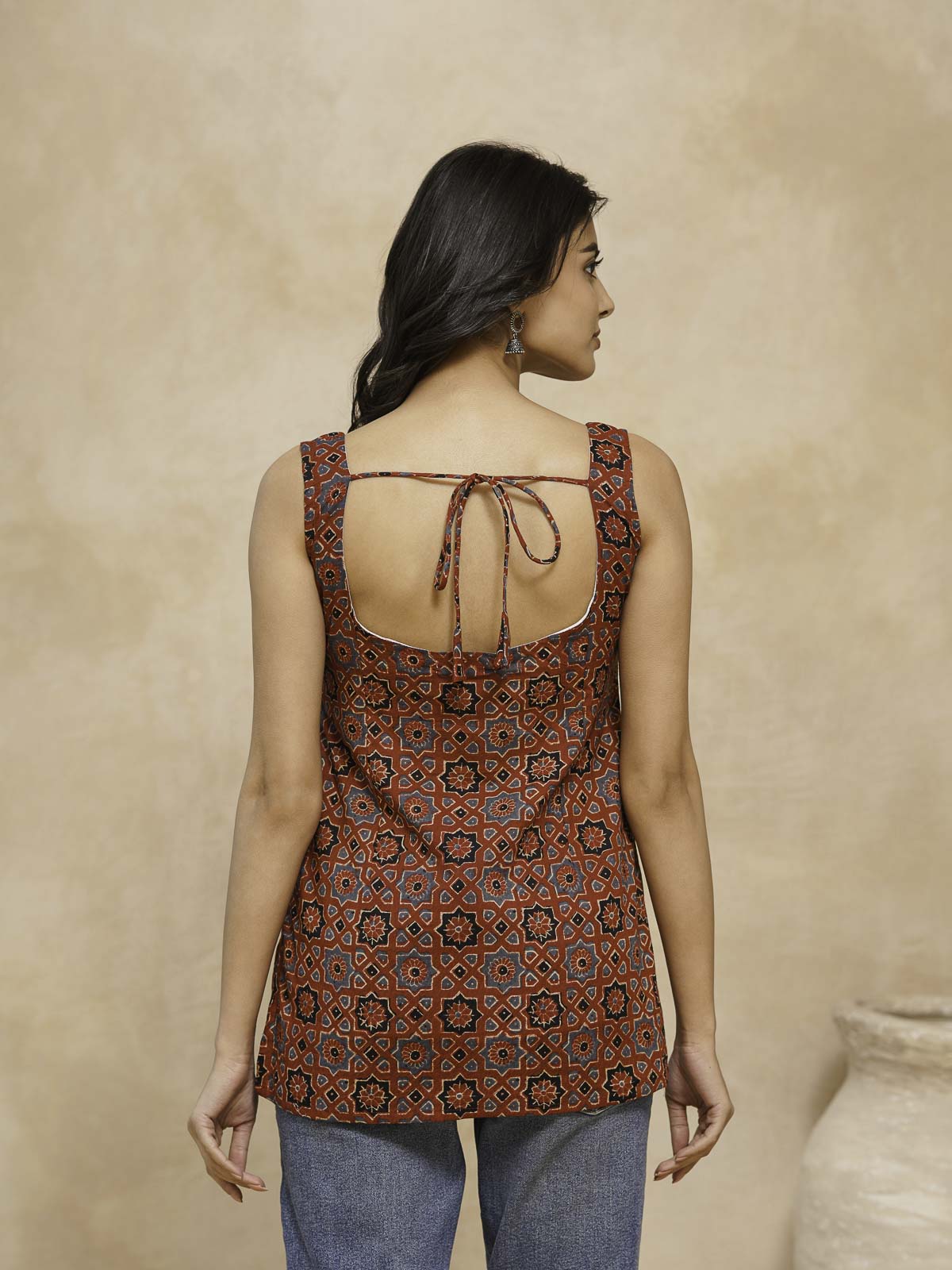 Cotton Printed Stylish Backless Tie-Up Kurti Ajrakh