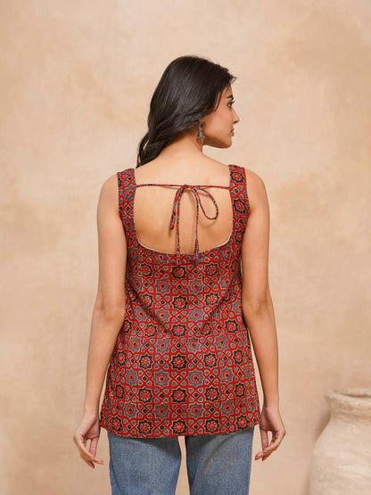 Cotton Printed Stylish Backless Tie-Up Kurti Ajrakh