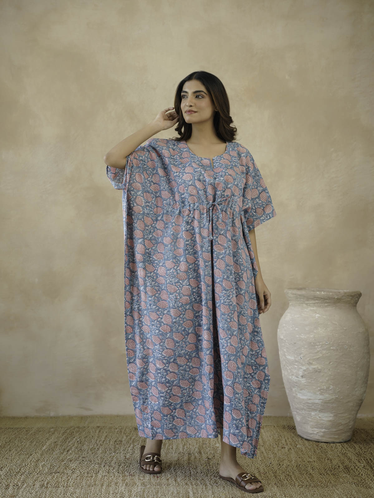 Block-Printed Cotton Long Kaftan Marigold