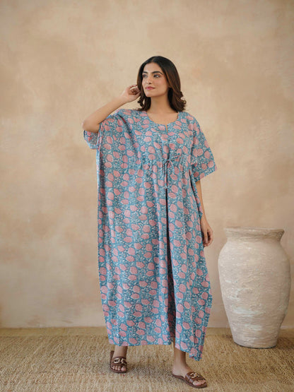 Block-Printed Cotton Long Kaftan Marigold