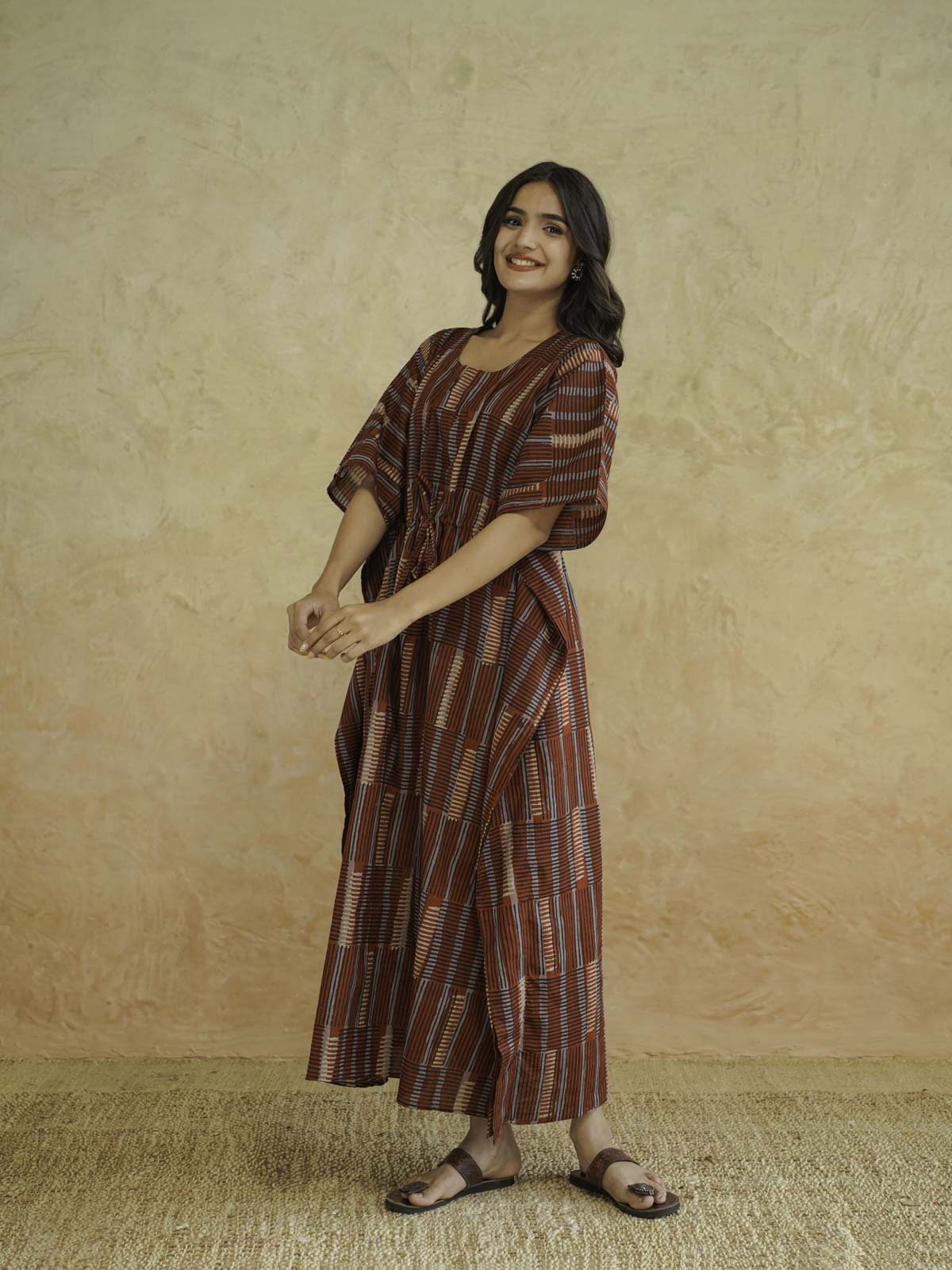 Block-Printed Cotton Long Kaftan Red Starp