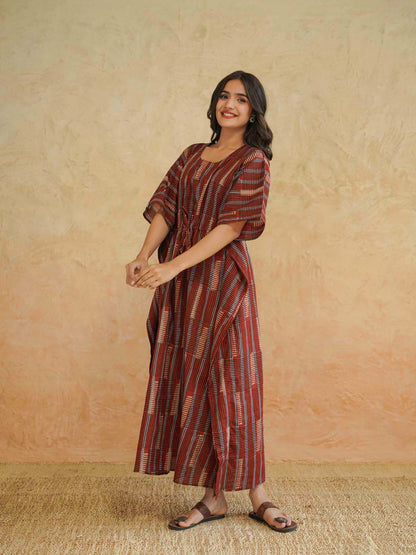 Block-Printed Cotton Long Kaftan Red Starp