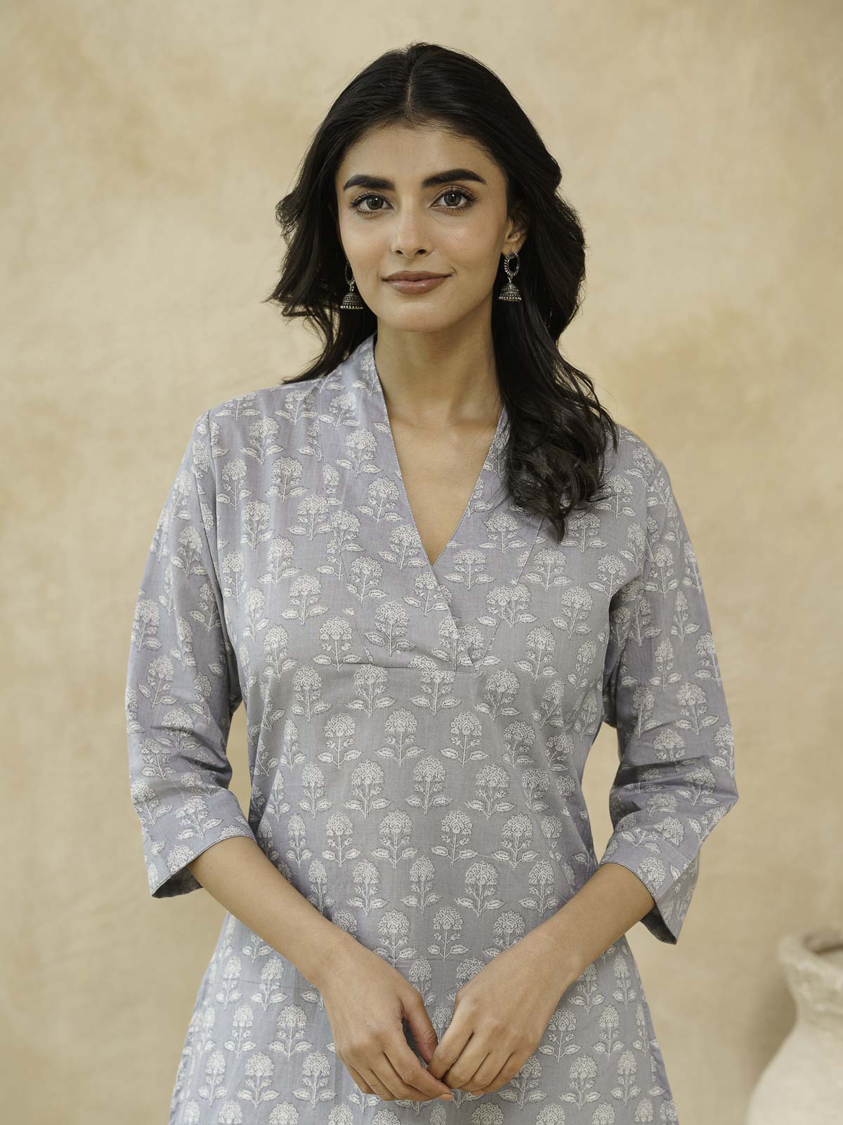 Cotton Printed Straight Kurta Grey