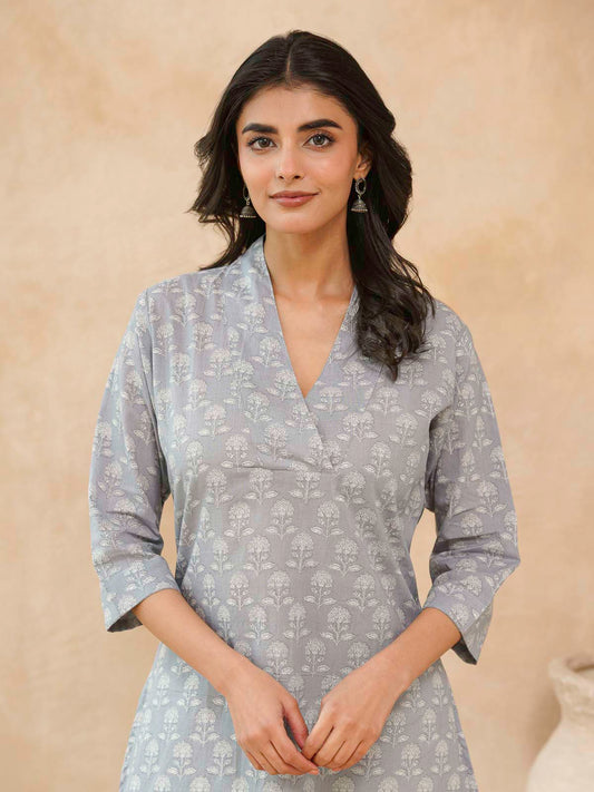 Cotton Printed Straight Kurta Grey