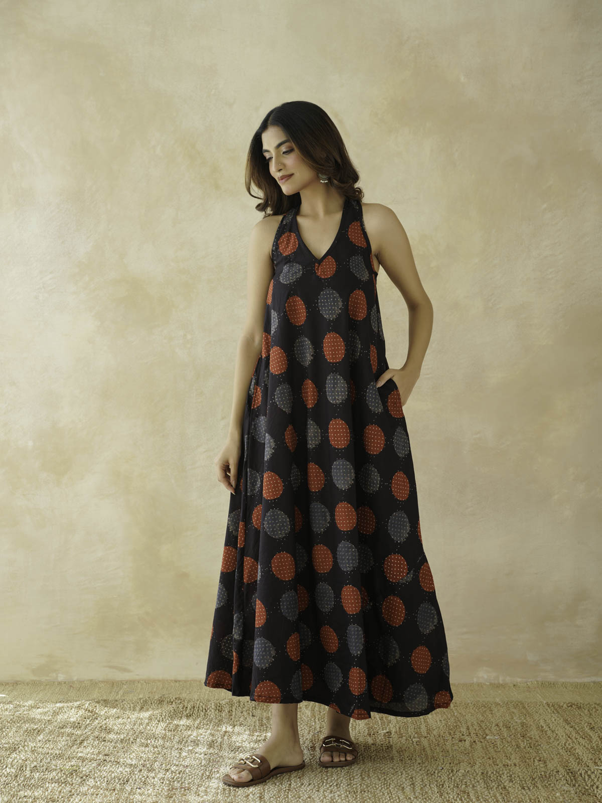Cotton Printed Aline Moana Dress Black Polka