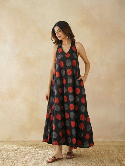 Cotton Printed Aline Moana Dress Black Polka