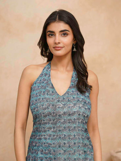 Cotton Printed Stylish Halter Tie-Up Kurti Blue