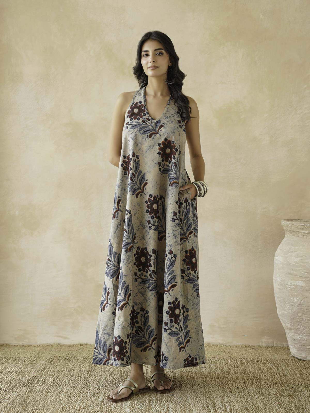 Cotton Printed Aline Moana Dress Beige