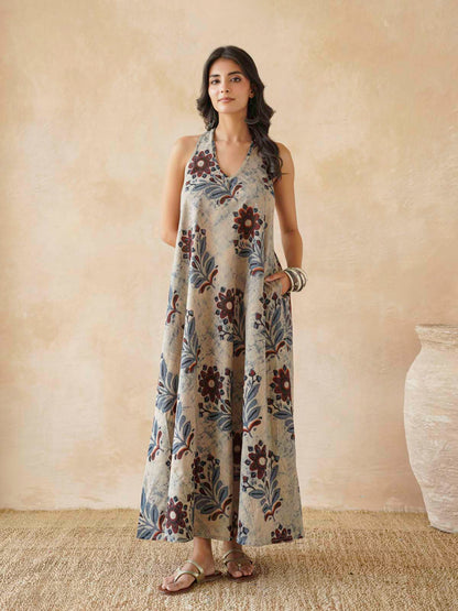 Cotton Printed Aline Moana Dress Beige