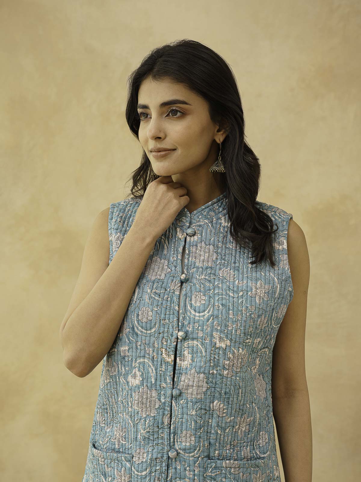 Cotton Printed Sleeveless Quilted Jacket Green Jaal