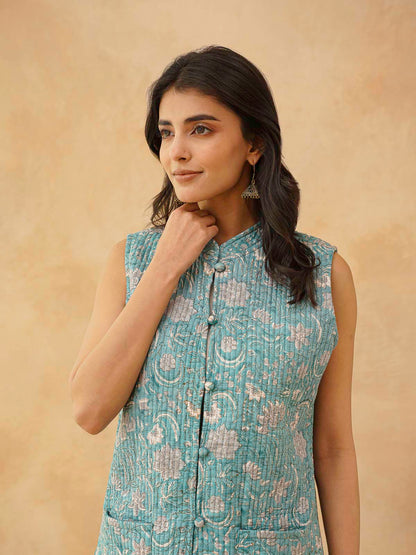 Cotton Printed Sleeveless Quilted Jacket Green Jaal
