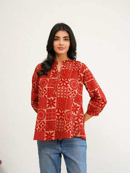 Cotton Printed Everyday Tunic Top For Women Red