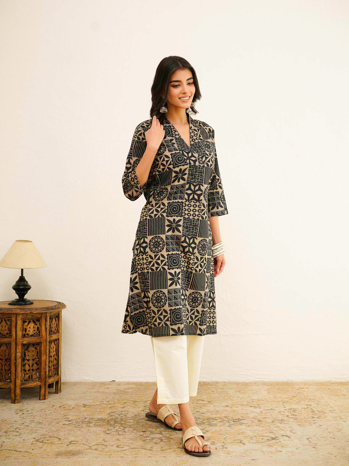 Cotton Printed Straight Kurta Black Coffee