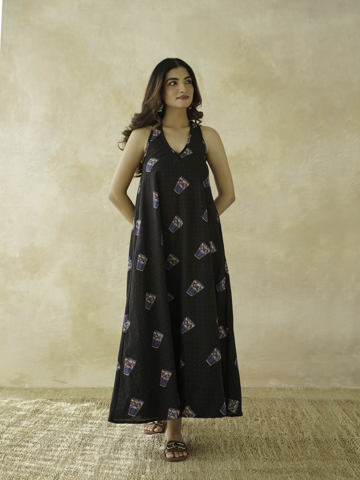 Cotton Printed Aline Moana Dress Black
