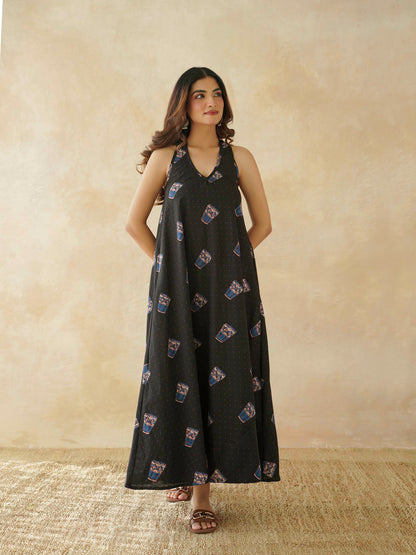 Cotton Printed Aline Moana Dress Black