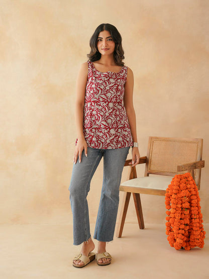 Cotton Printed Stylish Backless Tie-Up Kurti Red
