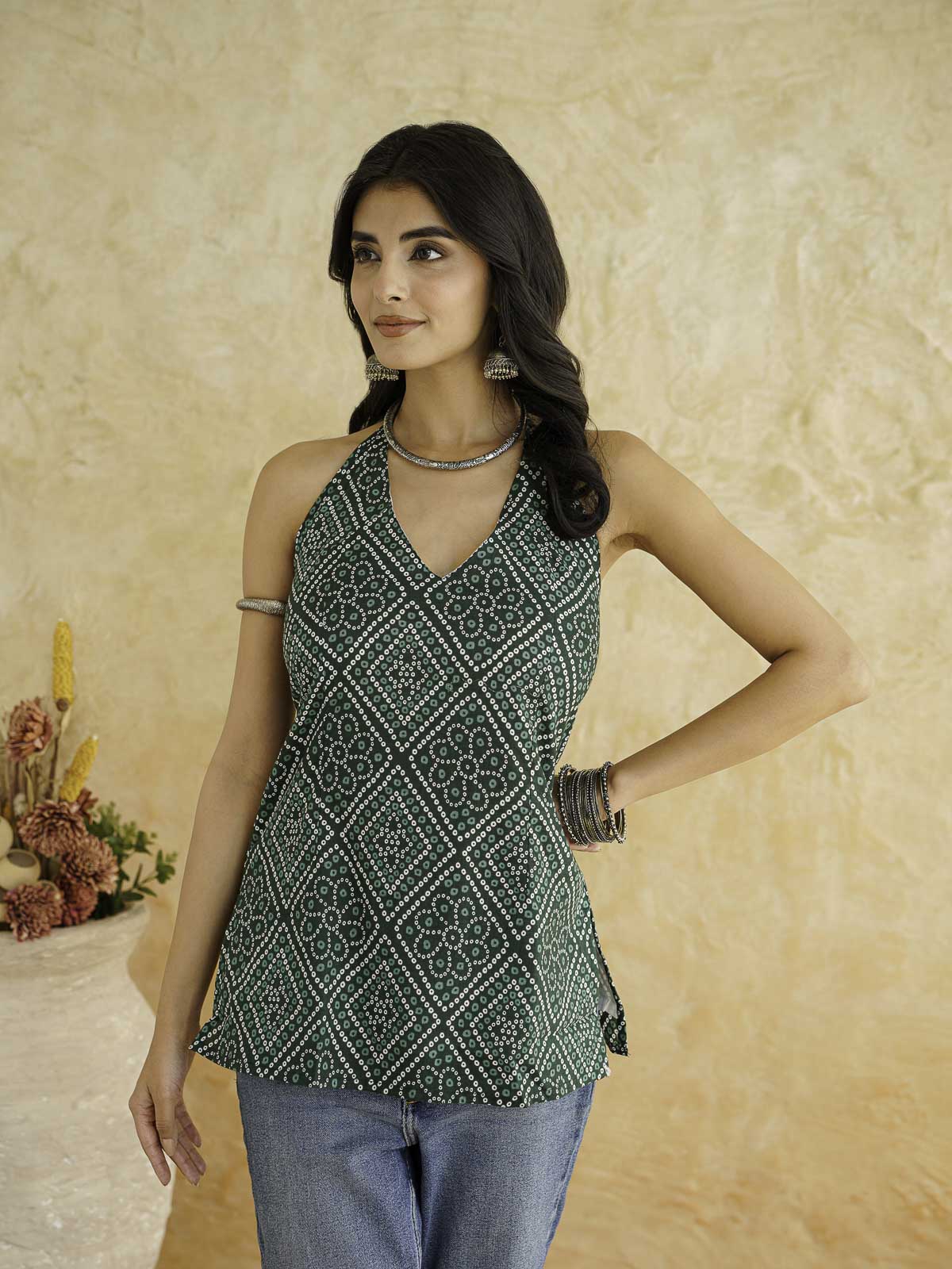 Cotton Printed Stylish Halter Tie-Up Kurti Green