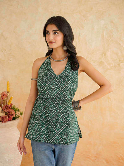 Cotton Printed Stylish Halter Tie-Up Kurti Green