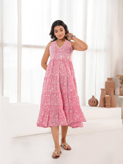 Tiered Halter Neck Dress Pink Jaal