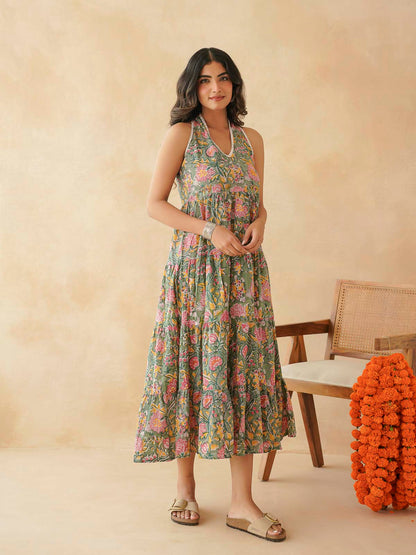 Tiered Halter Neck Dress Green Jaal