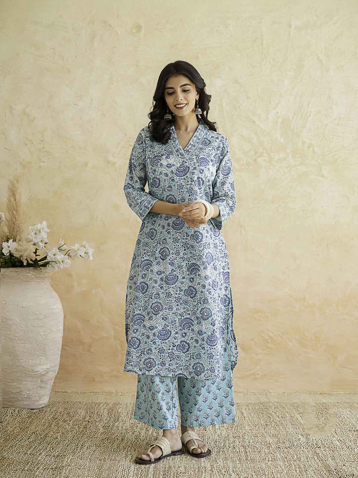 Classic Cotton Kurta Set For Women Sky Blue