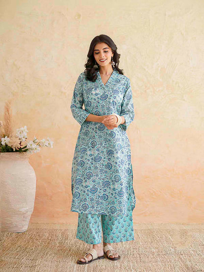 Classic Cotton Kurta Set For Women Sky Blue