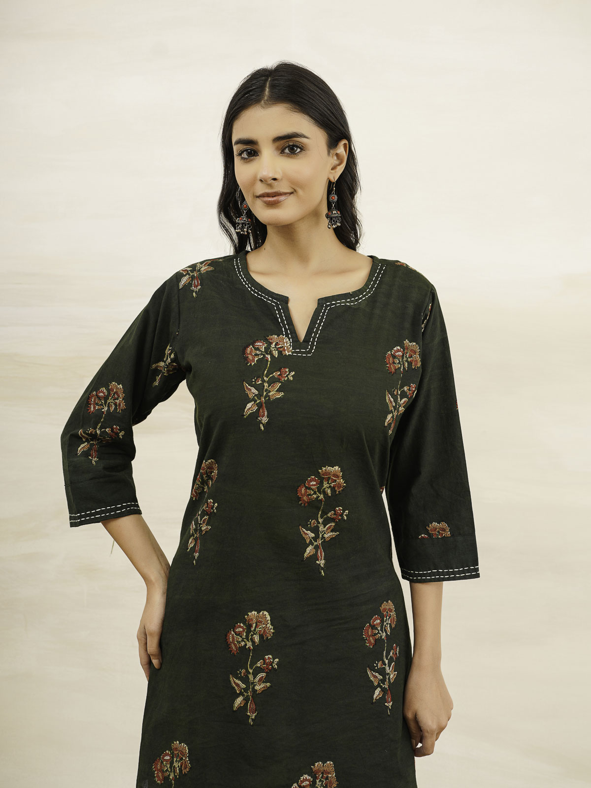 Cotton Printed Kantha Kurta Green Patti