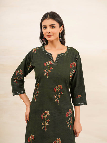 Cotton Printed Kantha Kurta Green Patti