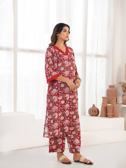 Block Printed Cotton Kurta Pant Bagiya Set Red Flower