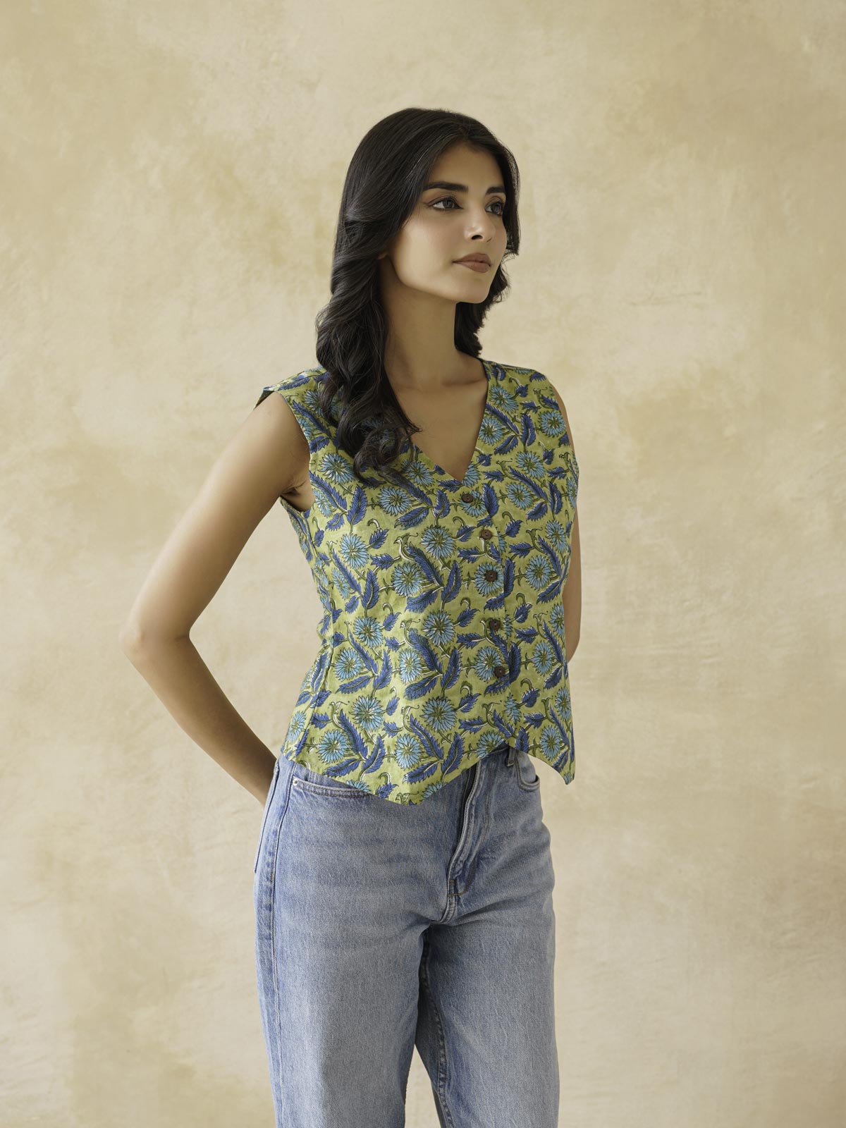 Sleeveless Cotton Block Printed Kothi Top Green Jaal