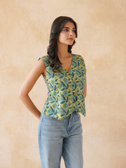 Sleeveless Cotton Block Printed Kothi Top Green Jaal