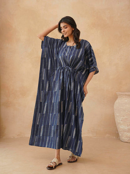 Block-Printed Cotton Long Kaftan Indio Straip