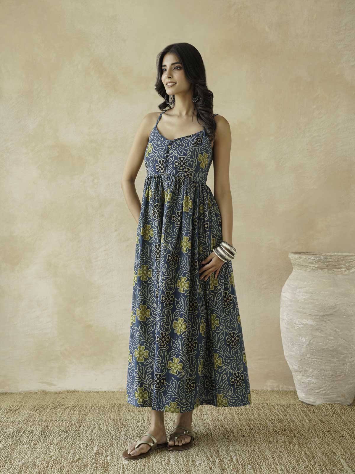 V-Neck Long Strappy Dress Indigo Jaal