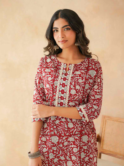 Block-Printed Cotton Zoya Kurti Red Jaal