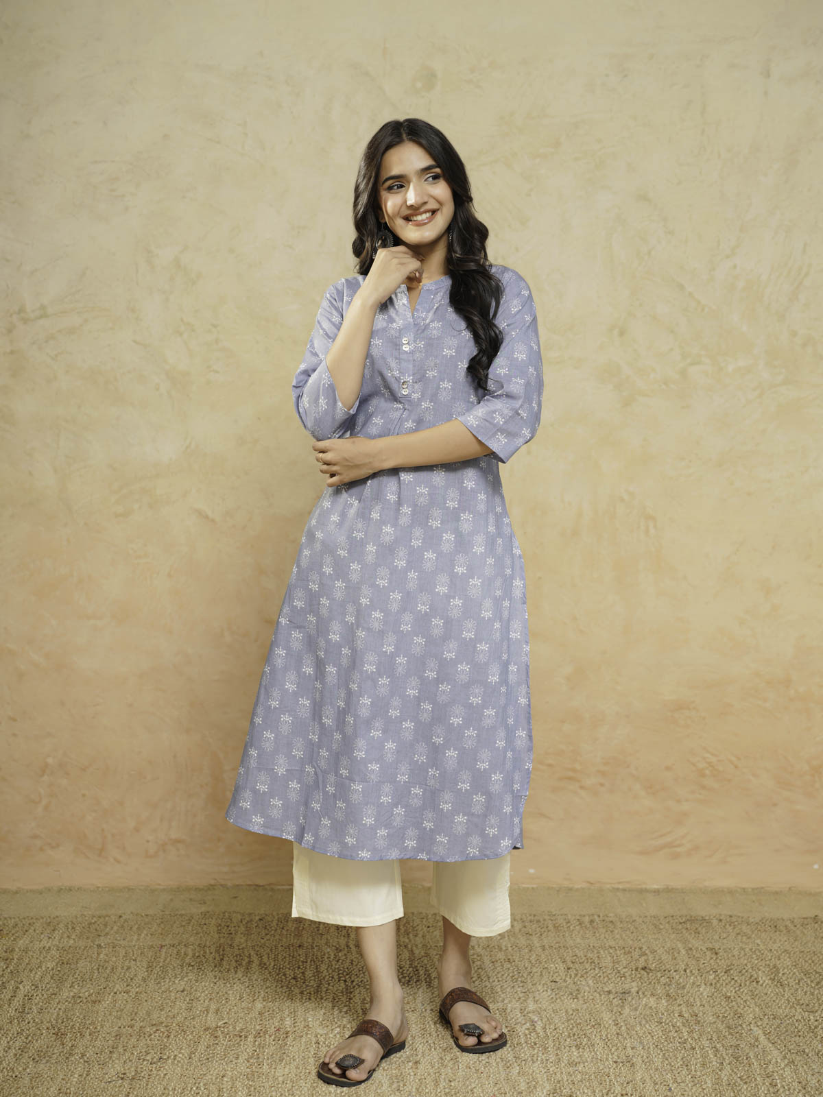 Cotton Pleat Kurta For Women Grey