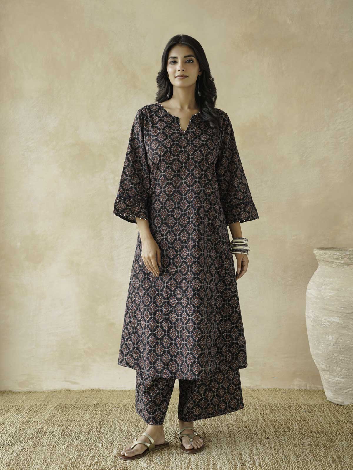 Cotton Printed Aline Kurta Set For Women Black