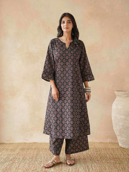 Cotton Printed Aline Kurta Set For Women Black