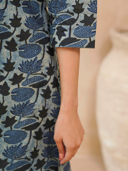 Cotton Printed Straight Kurta Indigo Lotus