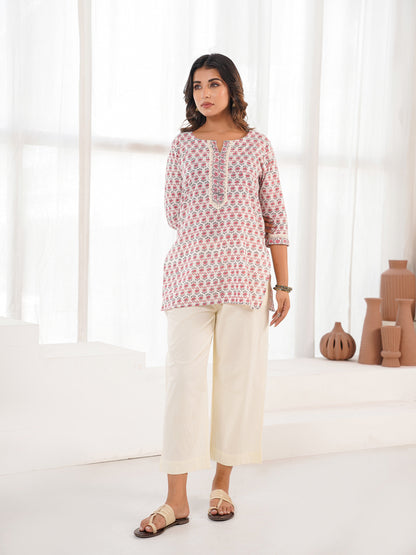Block-Printed Cotton Zoya Kurti White Booty