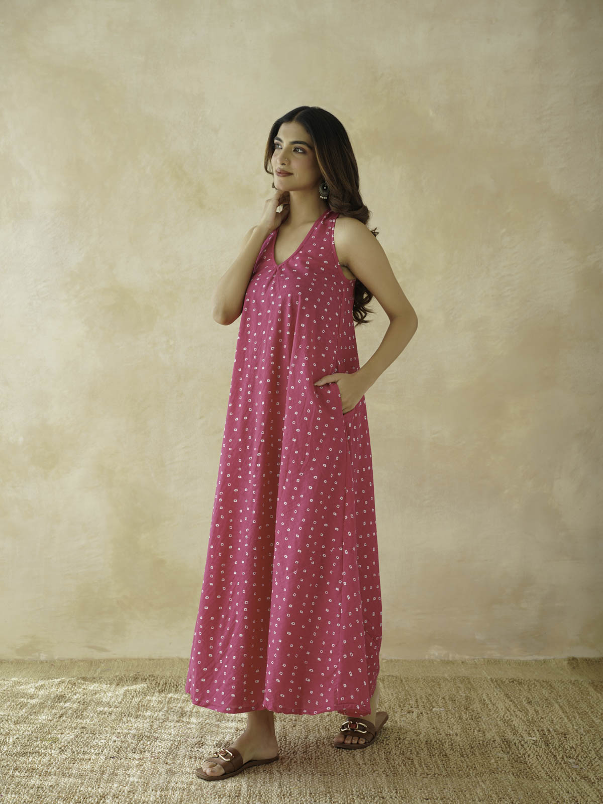 Cotton Printed Aline Moana Dress Pink Bandhej