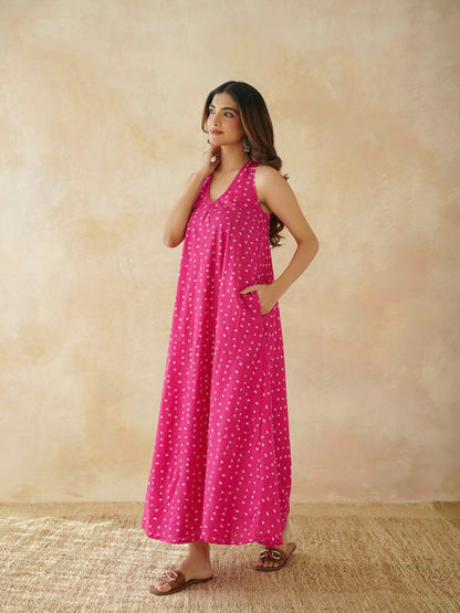 Cotton Printed Aline Moana Dress Pink Bandhej