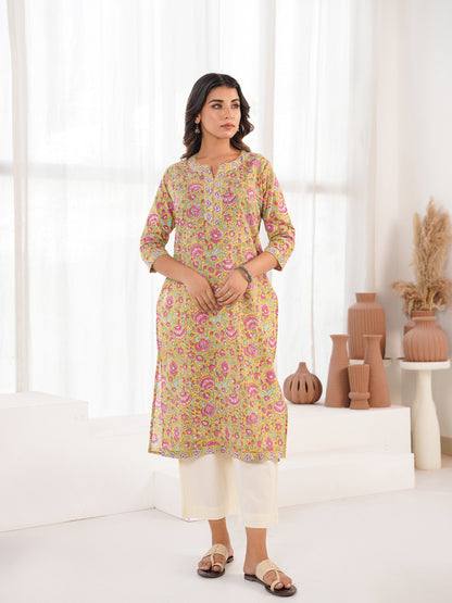 Cotton Block Printed Long Kurta Parrot Green