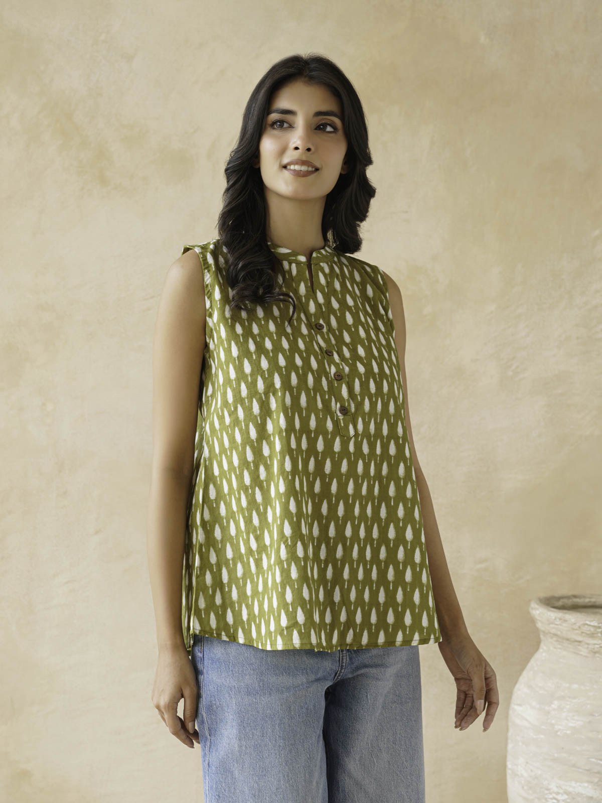 Cotton Printed Sleeveless Tunic Top For Women Green Booty