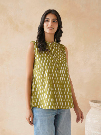 Cotton Printed Sleeveless Tunic Top For Women Green Booty