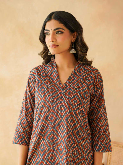 Cotton Printed Straight Kurta Blue Orange