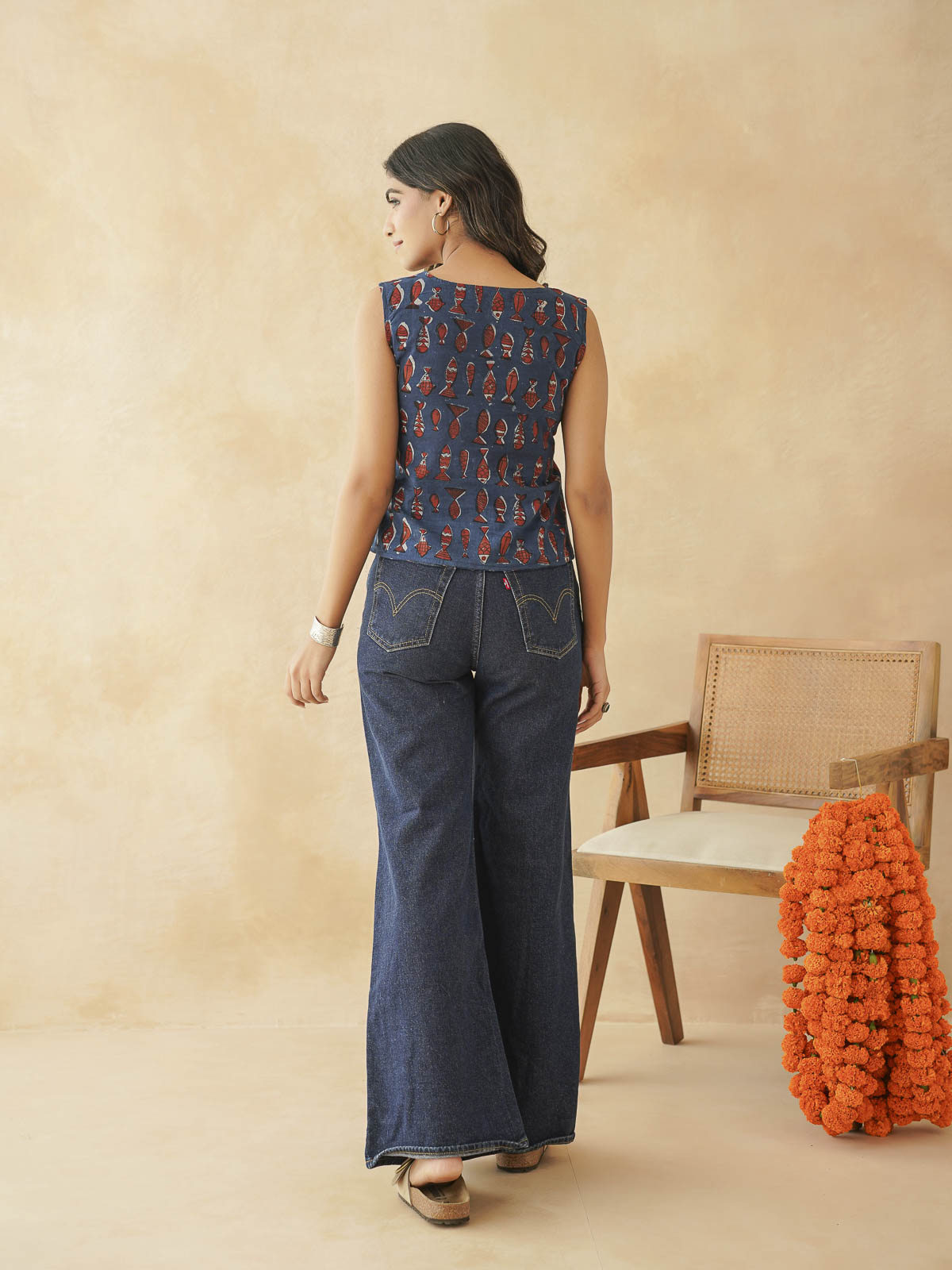 Sleeveless Cotton Block Printed Kothi Top Indigo Fish