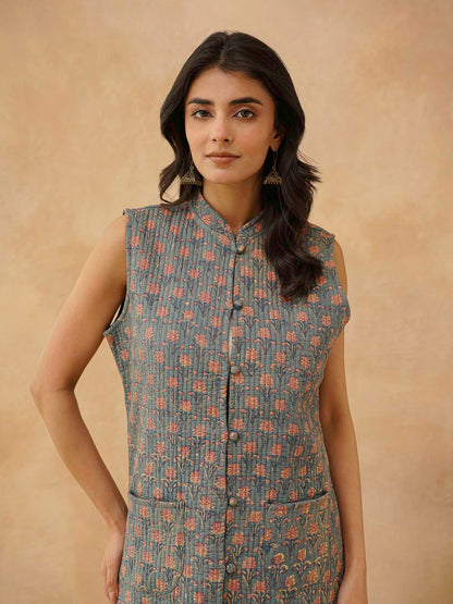 Cotton Printed Sleeveless Quilted Jacket Grey Booty