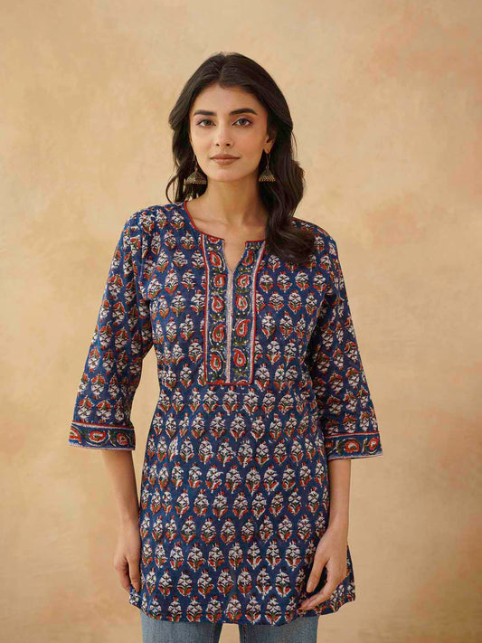 Cotton Printed Sequin Short Kurti For Women Blue