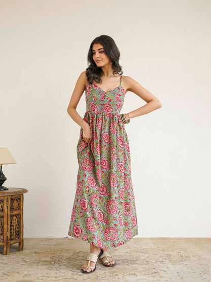 V-Neck Long Strappy Dress Green Flower