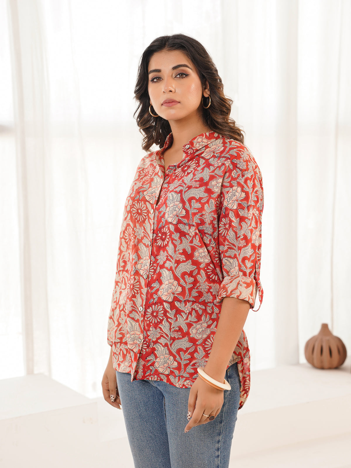 Block Printed Cotton Meher Shirt Red Flower